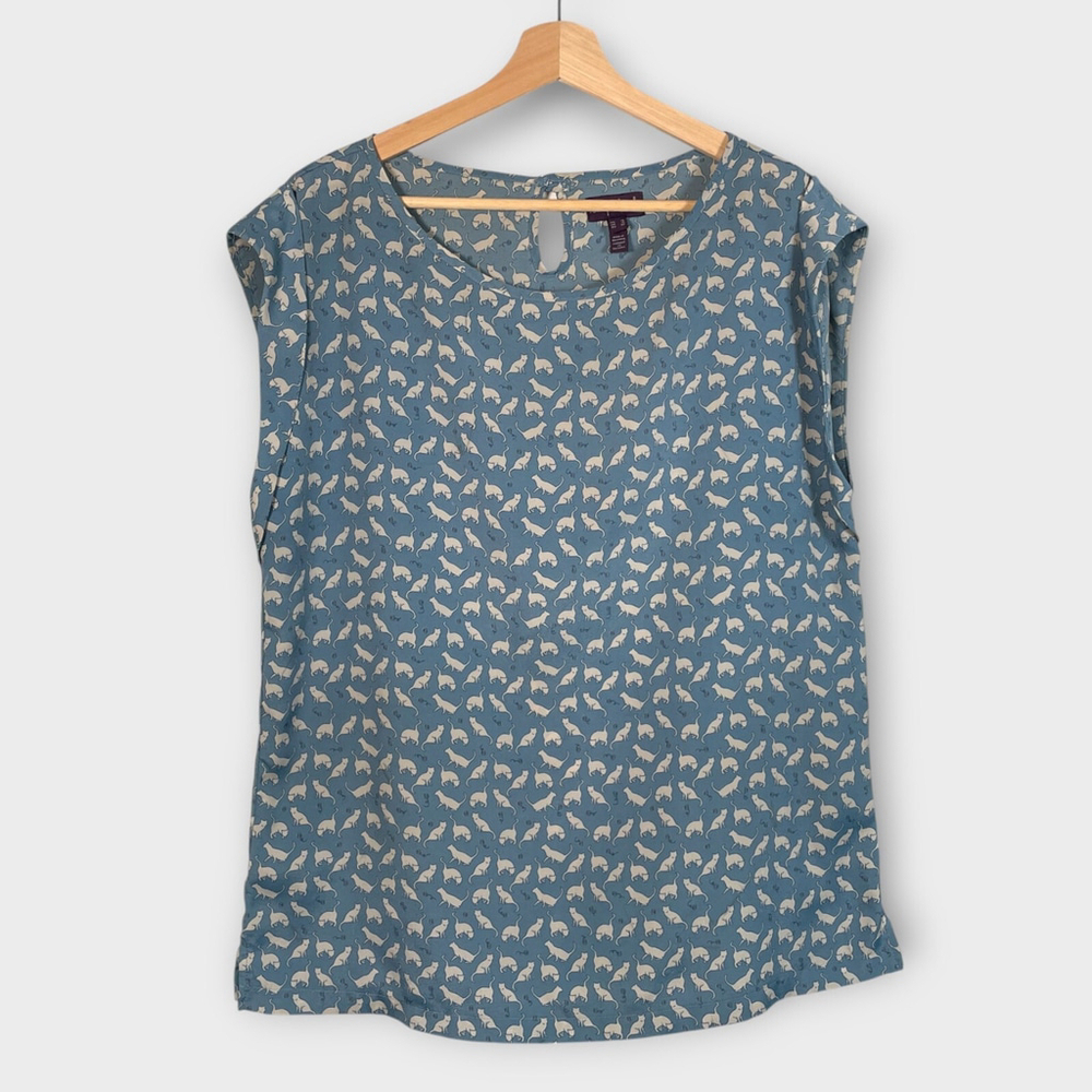 🦜 Long Tall Sally Cat Print Top Woman's 10 US / 14 UK Slate Blue Popover Blouse